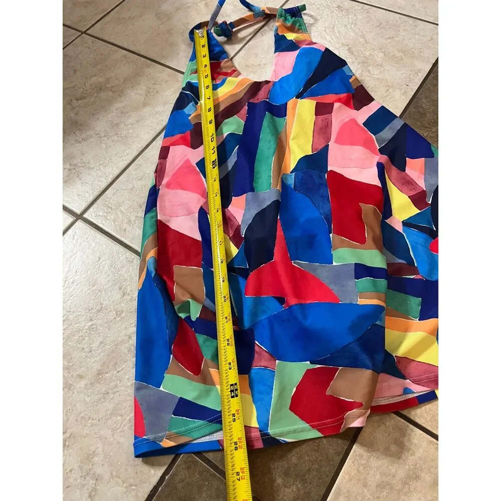 Venus NWOT Rainbow Geometric Print Swimdress Halter Swimsuit Built-In Shorts 6 S